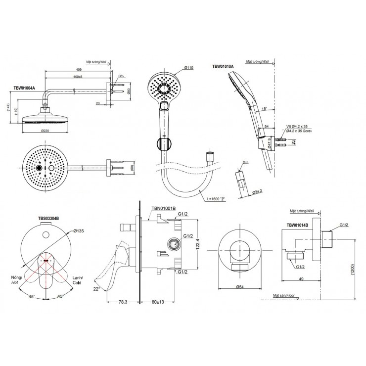 Sen Tắm TOTO TBS03304B/TBW01004A/TBW01010A Âm Tường