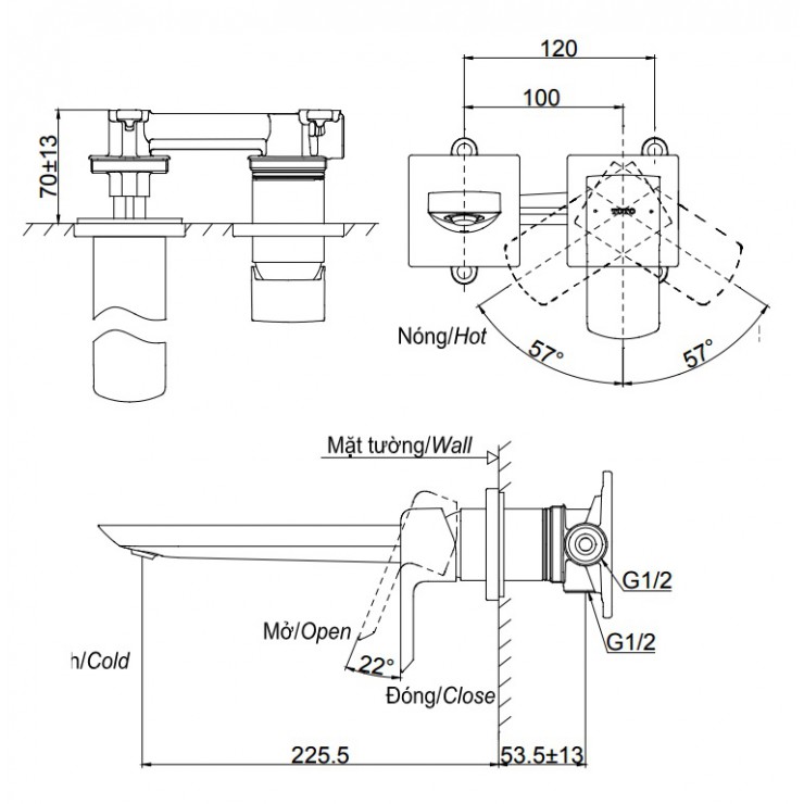 Vòi Lavabo TOTO TLG02311BB Nóng Lạnh Gắn Tường