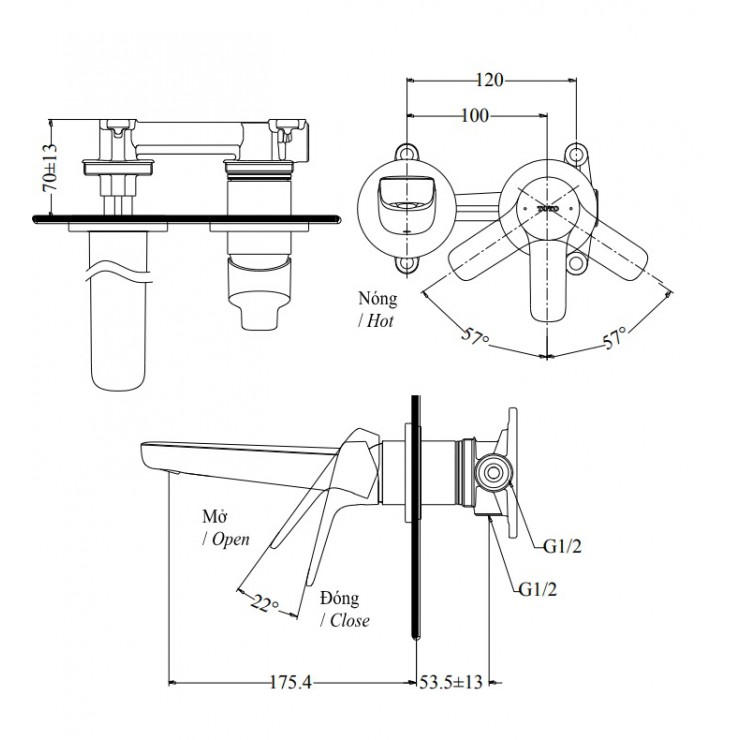 Vòi Lavabo TOTO TLG03307B Nóng Lạnh Gắn Tường