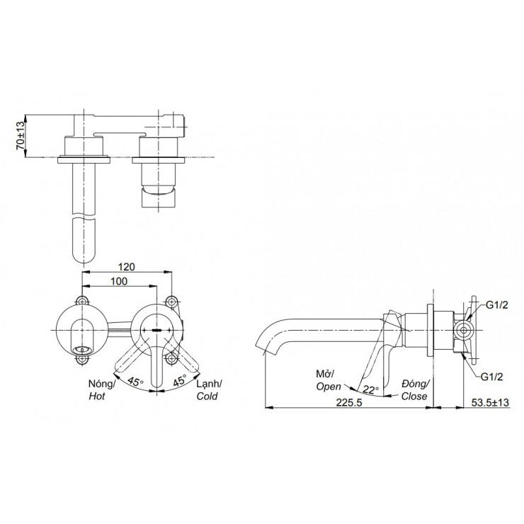 Vòi Lavabo TOTO TLS01310B Nóng Lạnh Gắn Tường