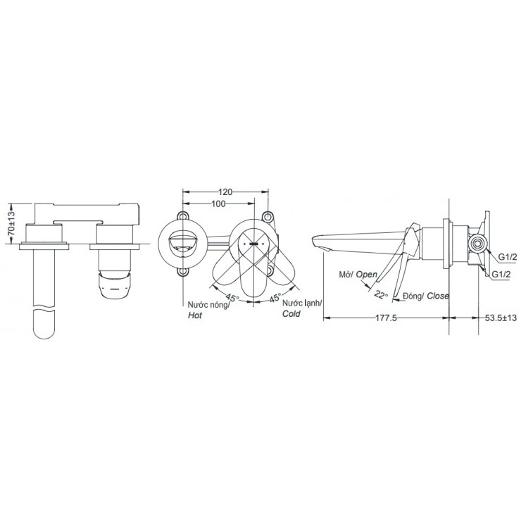 Vòi Lavabo TOTO TLS04308B Nóng Lạnh Gắn Tường