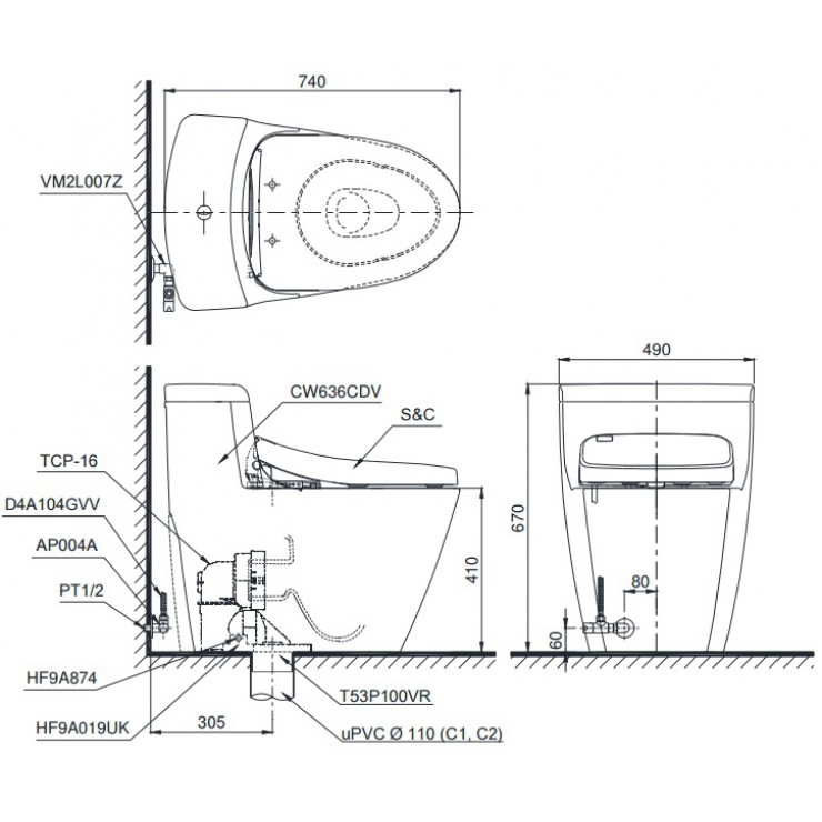 Bồn Cầu TOTO MS636DT8 1 Khối Nắp TC600VS