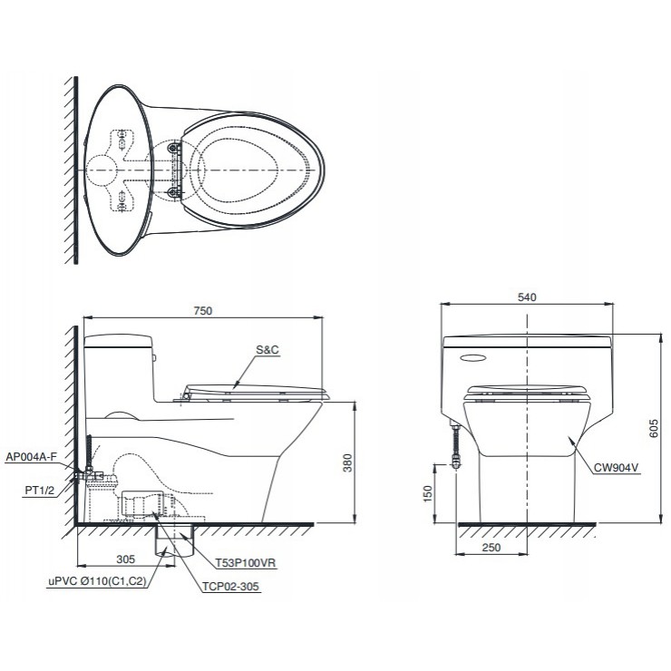 Bồn Cầu TOTO MS904T8 Một Khối Nắp Êm TC600VS