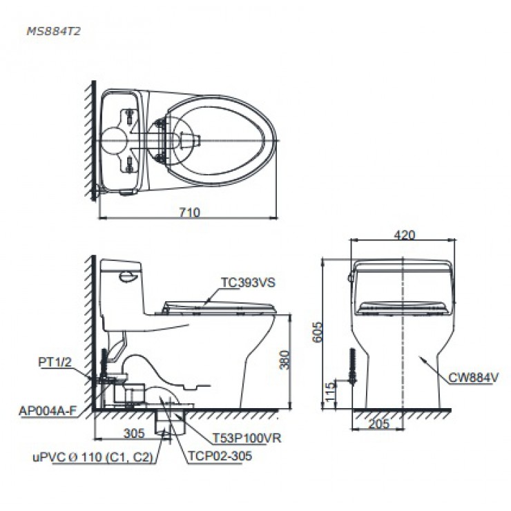 Bồn Cầu TOTO MS884T8 Một Khối Nắp TC600VS