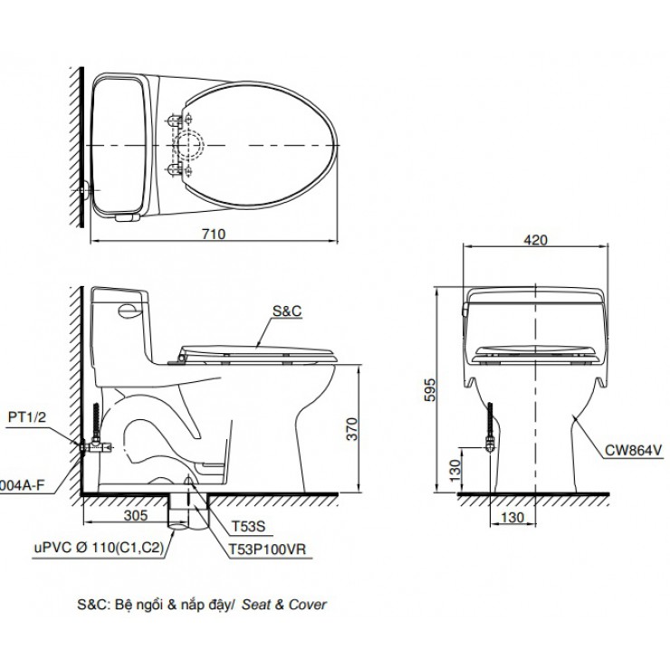 Bồn Cầu TOTO MS864T8 Một Khối Nắp TC600VS