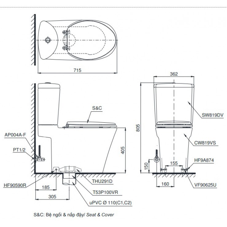 Bồn Cầu TOTO CS819DST8 Hai Khối Nắp TC600VS