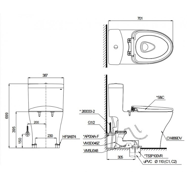 Bồn Cầu TOTO MS889DRT2 (MS889DT2) Một Khối Nắp TC393VS