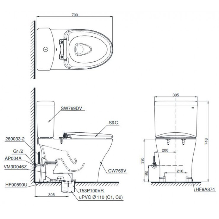 Bồn Cầu TOTO CS769DRT3 (CS769DT3) Hai Khối Nắp TC385VS