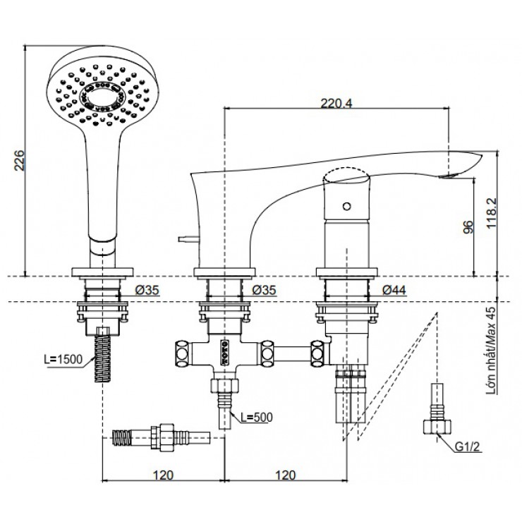 Vòi Xả Bồn Tắm TOTO TBG01305B Gật Gù 3 Lỗ