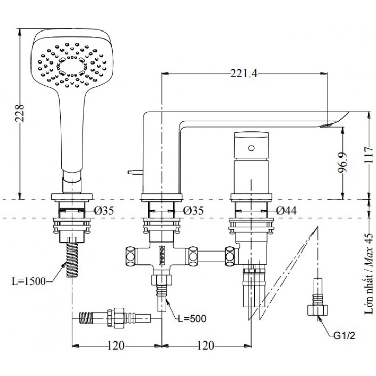 Vòi Xả Bồn Tắm TOTO TBG02305B Gật Gù 3 Lỗ