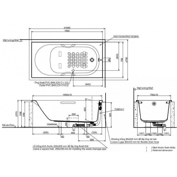 Bồn Tắm TOTO PAY1510HV#W/TVBF411 Xây 1.5M