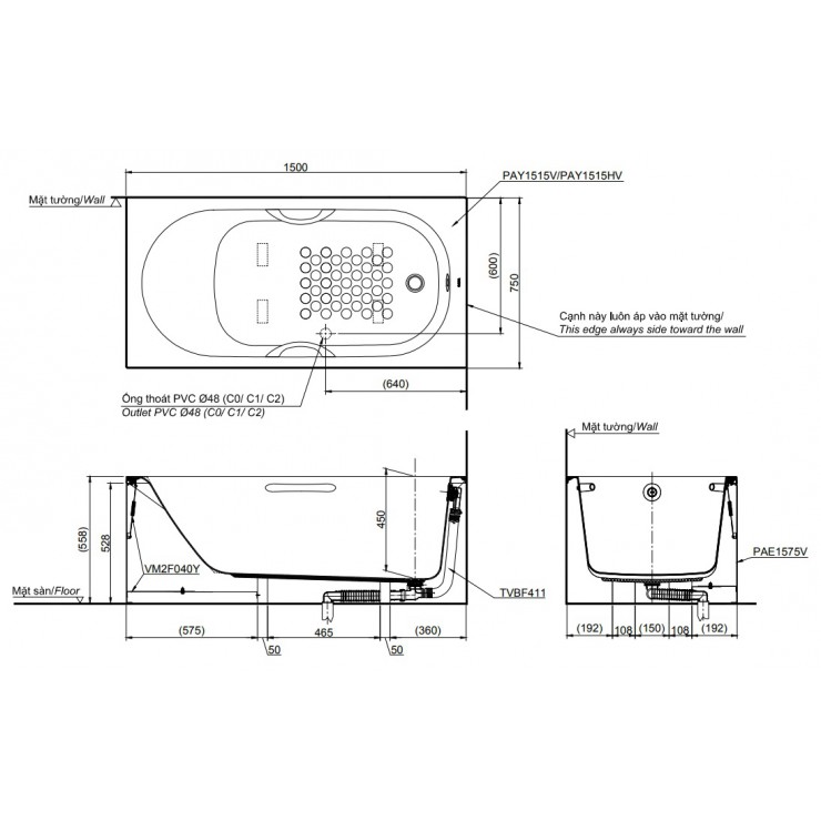 Bồn Tắm TOTO PAY1515VC#W/TVBF411 Chân Yếm 1.5M