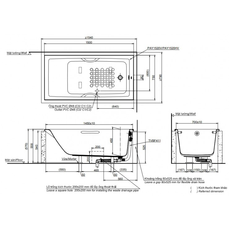 Bồn Tắm TOTO PAY1520HV#W/TVBF411 Xây 1.5M