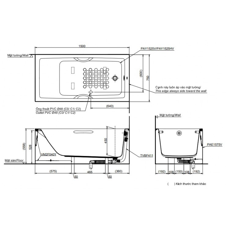 Bồn Tắm TOTO PAY1525VC#W/TVBF411 Chân Yếm 1.5M