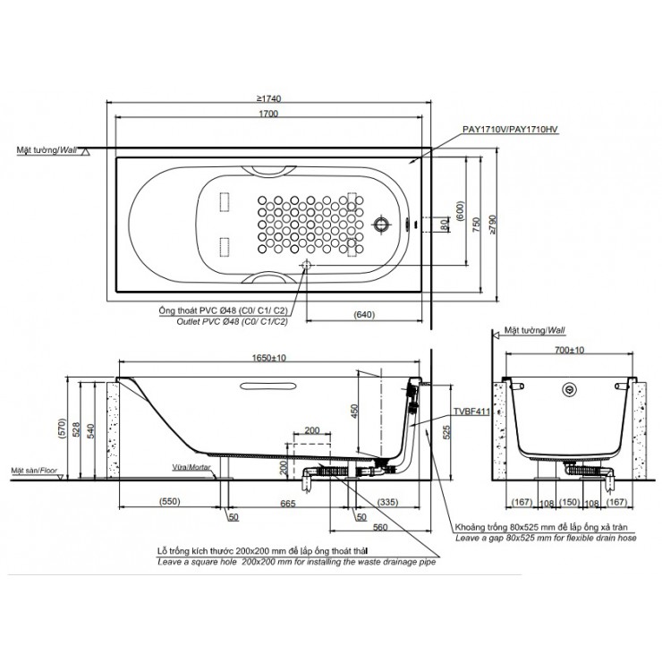 Bồn Tắm TOTO PAY1710HV/TVBF411 Xây 1.7M