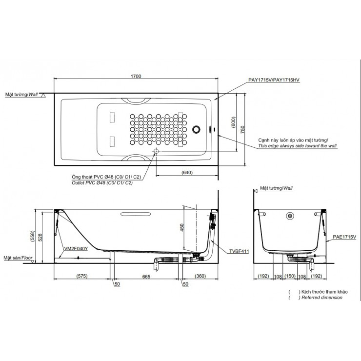 Bồn Tắm TOTO PAY1715HVC/TVBF411 Chân Yếm 1.7M
