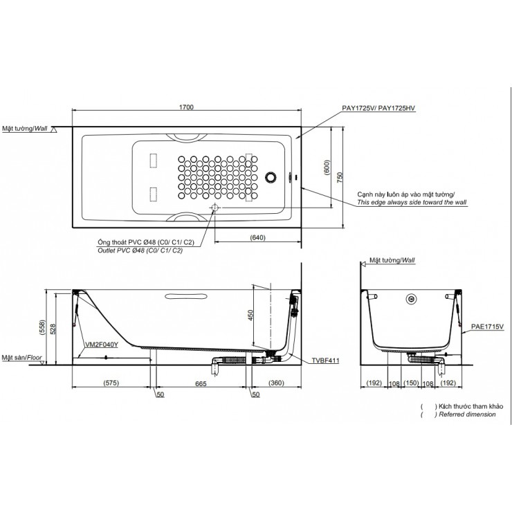 Bồn Tắm TOTO PAY1725VC/TVBF411 Chân Yếm 1.7M