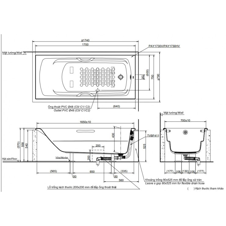 Bồn Tắm TOTO PAY1730V/TVBF411 Xây 1.7M