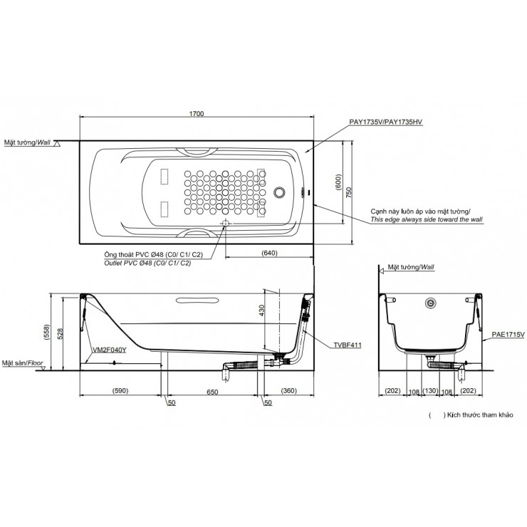 Bồn Tắm TOTO PAY1735VC/TVBF411 Chân Yếm 1.7M