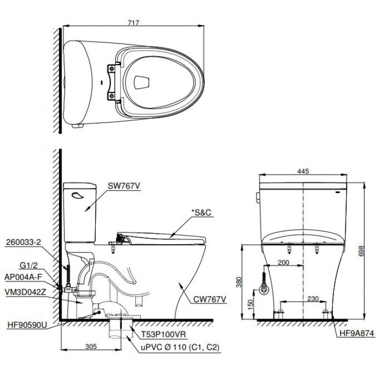 Bồn Cầu TOTO CS767RT2 (CS767T2) Hai Khối Nắp TC393VS