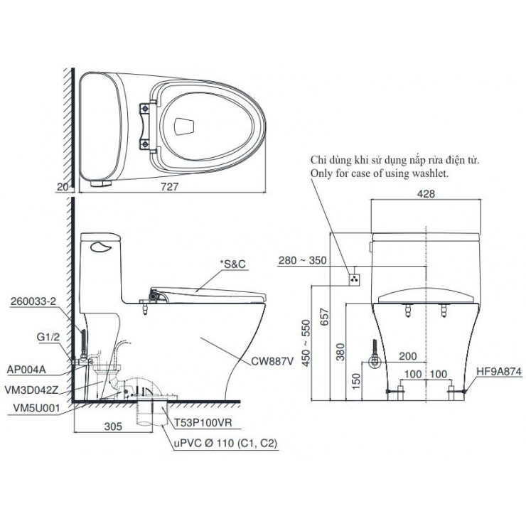 Bồn Cầu Điện Tử TOTO MS887RW6 (MS887W6) Nắp Rửa Washlet