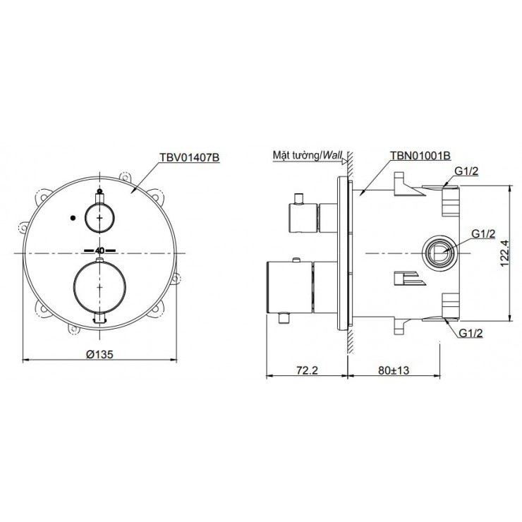 Van Điều Chỉnh Nóng Lạnh TOTO TBV01407B/TBN01001B