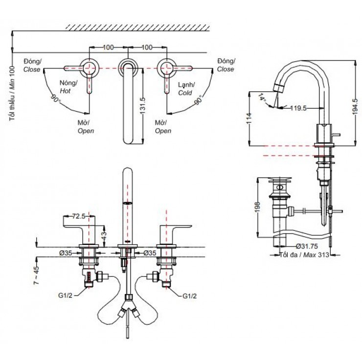 Vòi Lavabo TOTO TLS01201B 3 Lỗ