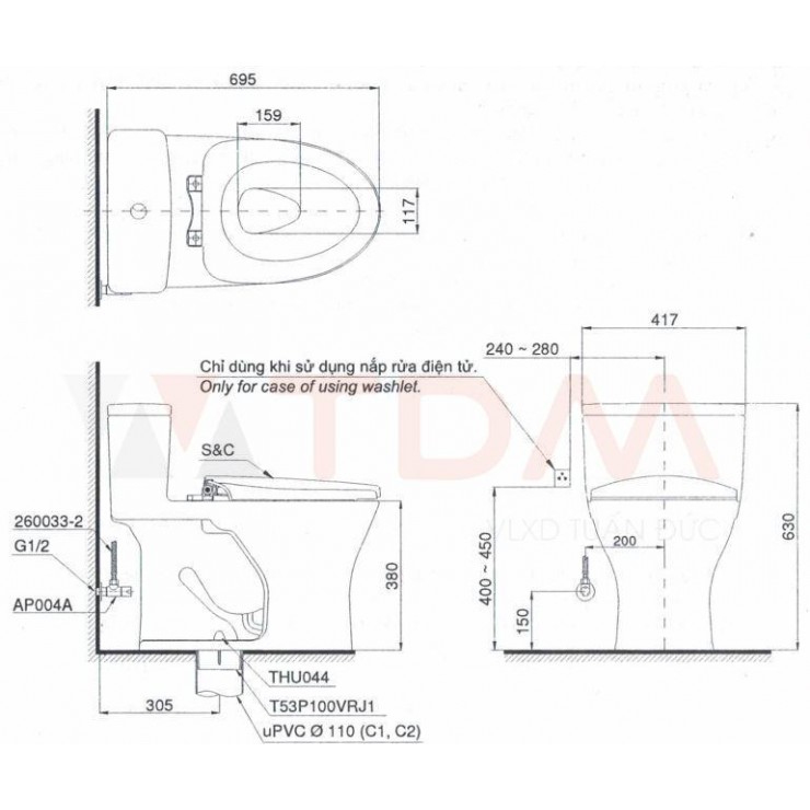 Bồn Cầu TOTO MS855DT8 Một Khối Nắp TC600VS