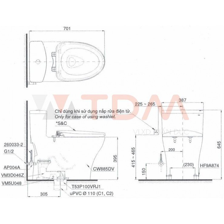 Bồn Cầu TOTO MS885DE2 Nắp Cơ Ecowasher