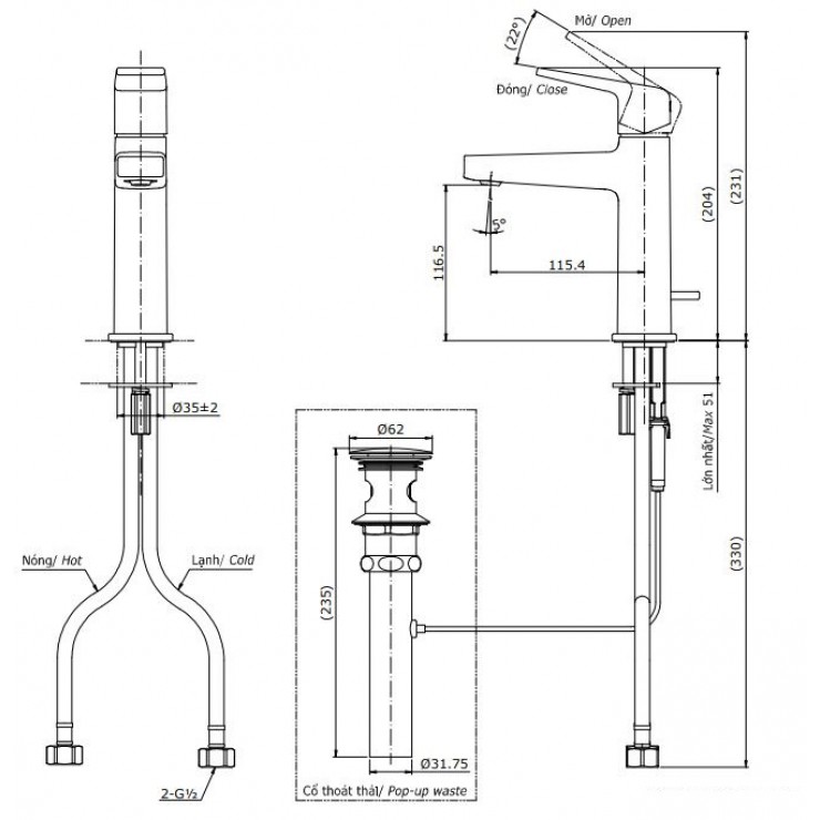 Vòi Lavabo TOTO TLG10301V Nóng Lạnh