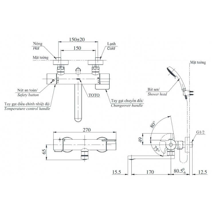 Vòi Sen Tắm Nhiệt Độ Nhật TOTO TBV03427V/TBW03002B Xả Bồn