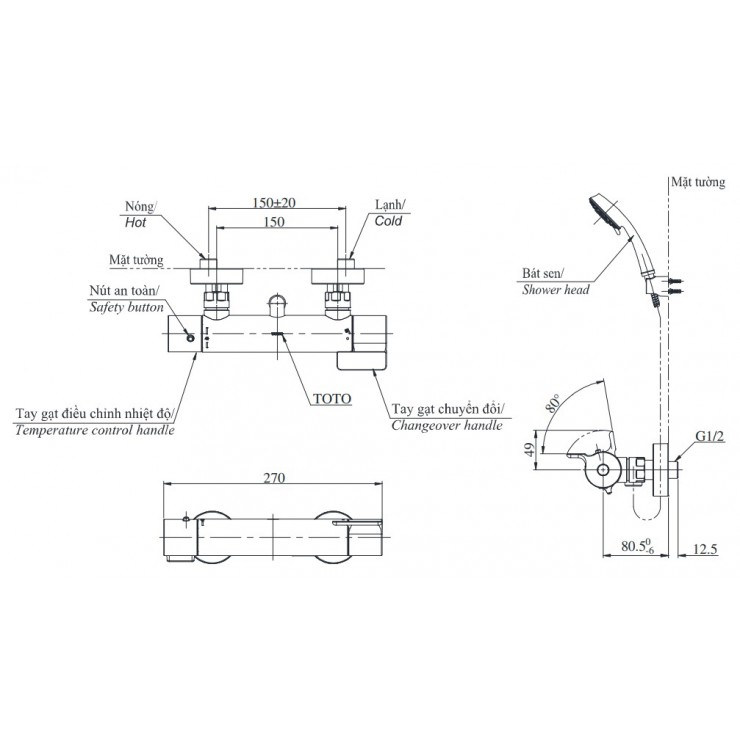 Vòi Sen Tắm Nhiệt Độ Nhật TOTO TBV03431V/TBW01008A