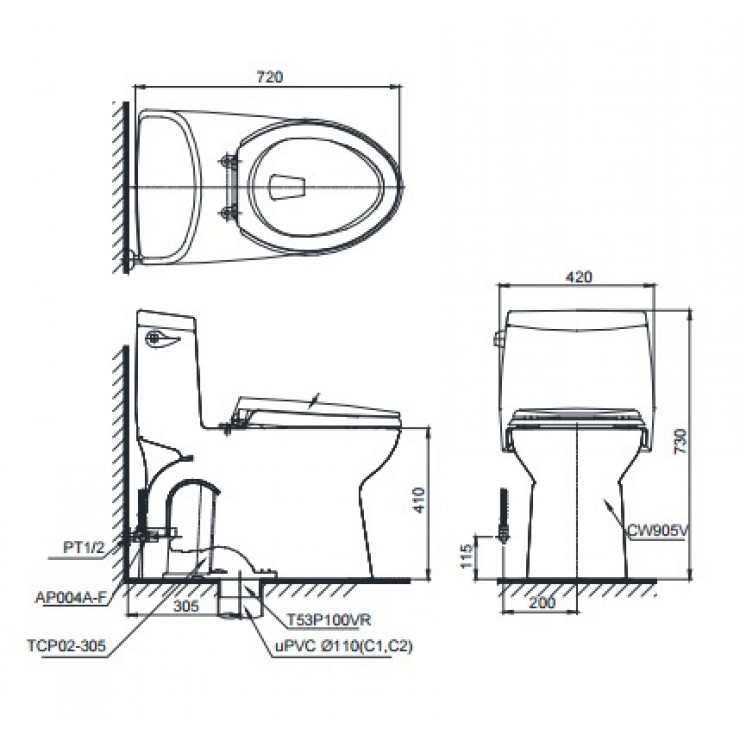 Bàn Cầu TOTO MS905E2 Một Khối Nắp Cơ