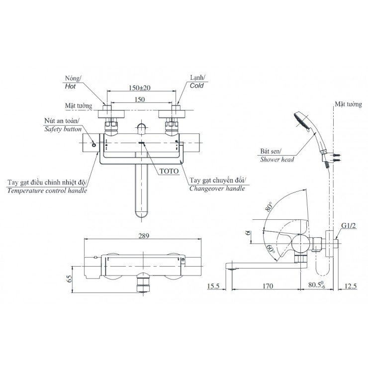 Vòi Sen Tắm Nhiệt Độ Nhật TOTO TBV03429V/DGH104ZR Xả Bồn