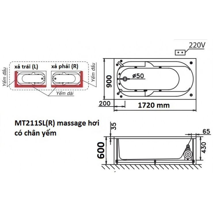 Bồn Tắm CAESAR MT211SL/R Massage Hơi Chân Yếm 1.7M