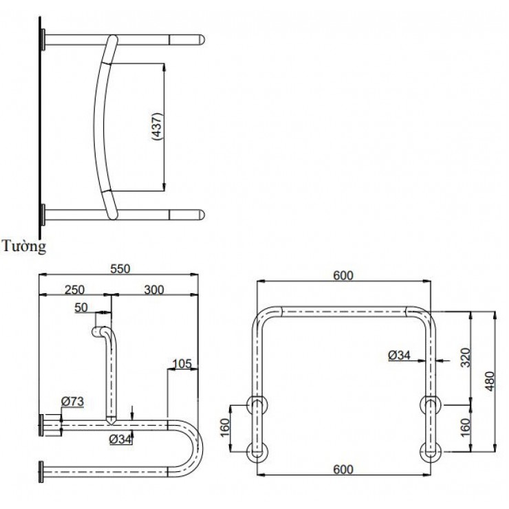 Thanh Vịn TOTO T114CU2R#MLA/T110D3R(X4) Gắn Tường