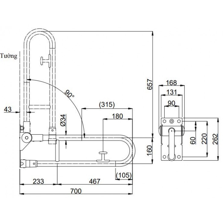 Thanh Vịn TOTO T114HK7R#MLA/T110D17S Gắn Tường