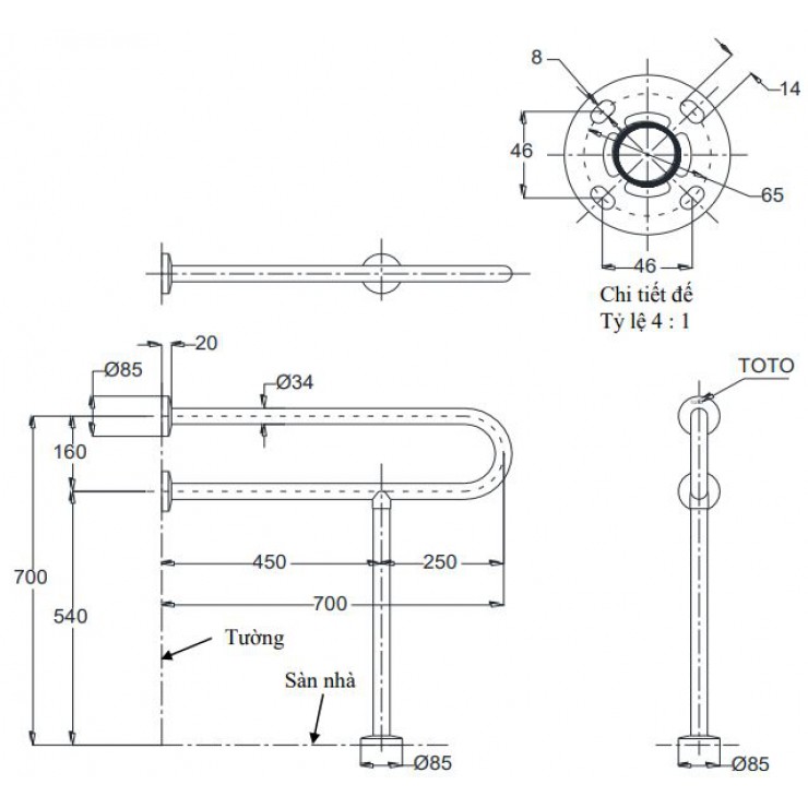 Thanh Vịn TOTO T113BP2/T110D3R(X3) Gắn Tường