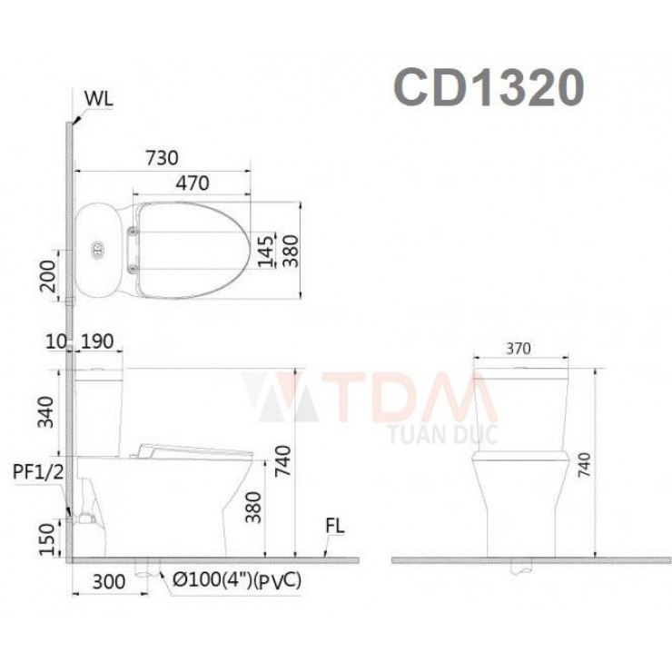 Bồn Cầu CAESAR CD1320 Thùng T2220 Nắp Êm