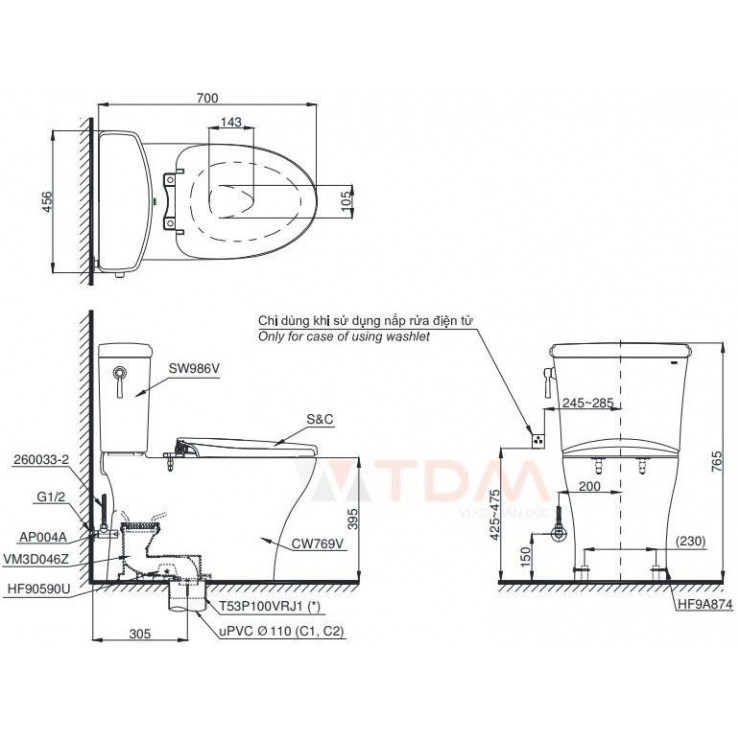 Bồn Cầu Hai Khối TOTO CS986GT3 Nắp TC385VS