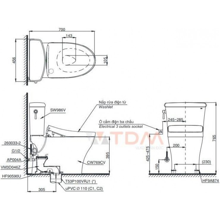 Bồn Cầu Điện Tử TOTO CS986CGW12 Nắp Rửa Washlet