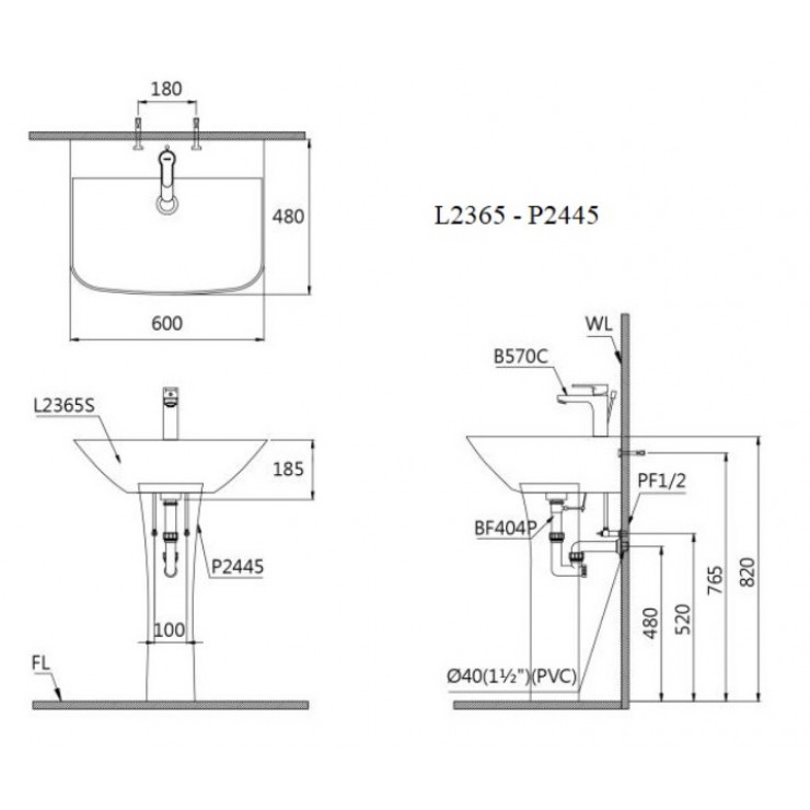 Chậu Rửa Lavabo Caesar Chân Dài L2365/P2445