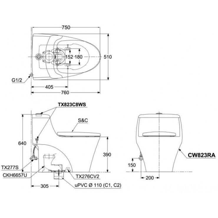 Bồn Cầu TOTO CW823RAE2 Nắp Cơ Ecowasher