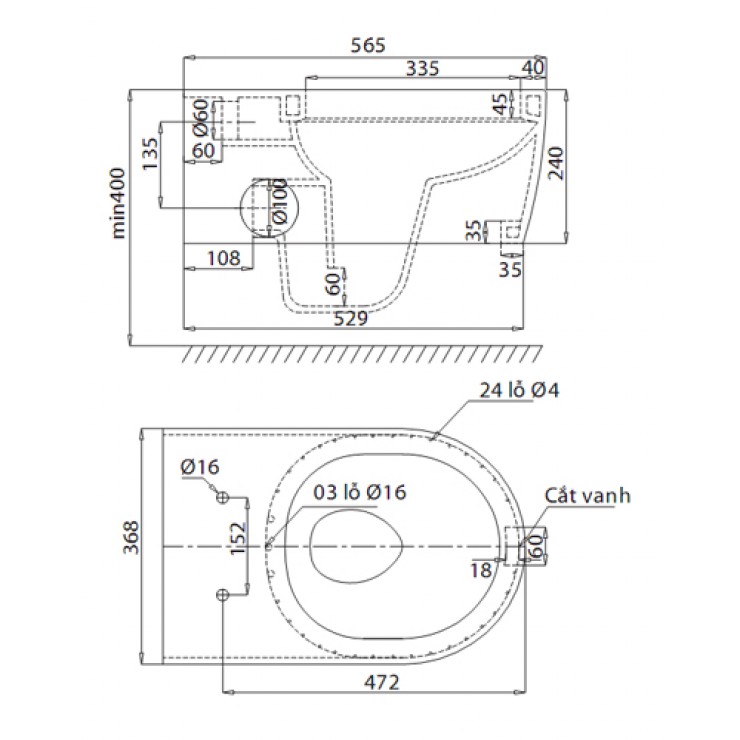 Bồn Cầu Viglacera V55 Treo Tường Thoát Ngang