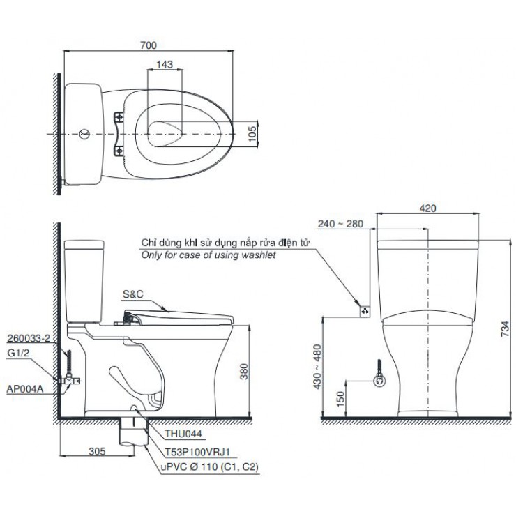 Bồn Cầu TOTO CS735DT8 Hai Khối Nắp TC600VS