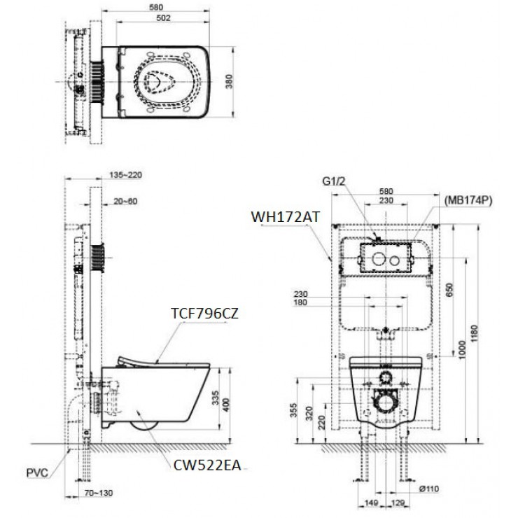 Bồn Cầu TOTO CW522EA/TCF796CZ/WH172AT/MB171M Nắp Điện Tử Treo Tường