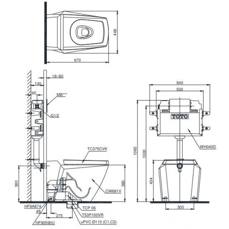 Bồn Cầu TOTO CW681/TC375CVK Đặt Sàn Két Nước Âm