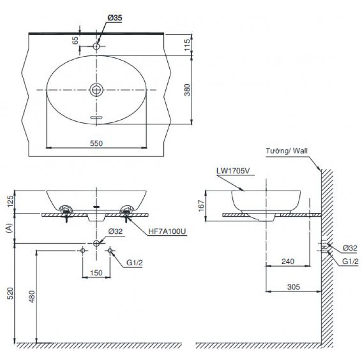 Chậu rửa mặt lavabo TOTO LT1705 đặt trên bàn đá 550 x 380 mm- Tuấn Đức