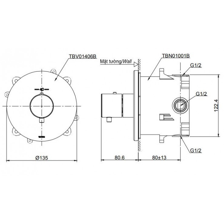 Van Điều Chỉnh Nhiệt Độ TOTO TBV01406B/TBN01001B