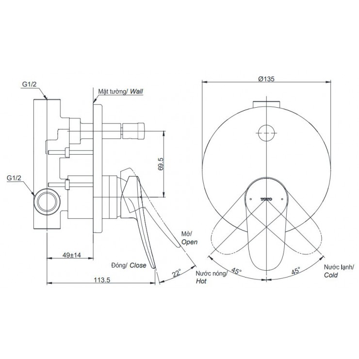 Van Điều Chỉnh Nóng Lạnh TOTO TBS04304B Kèm Nút Chuyển Hướng